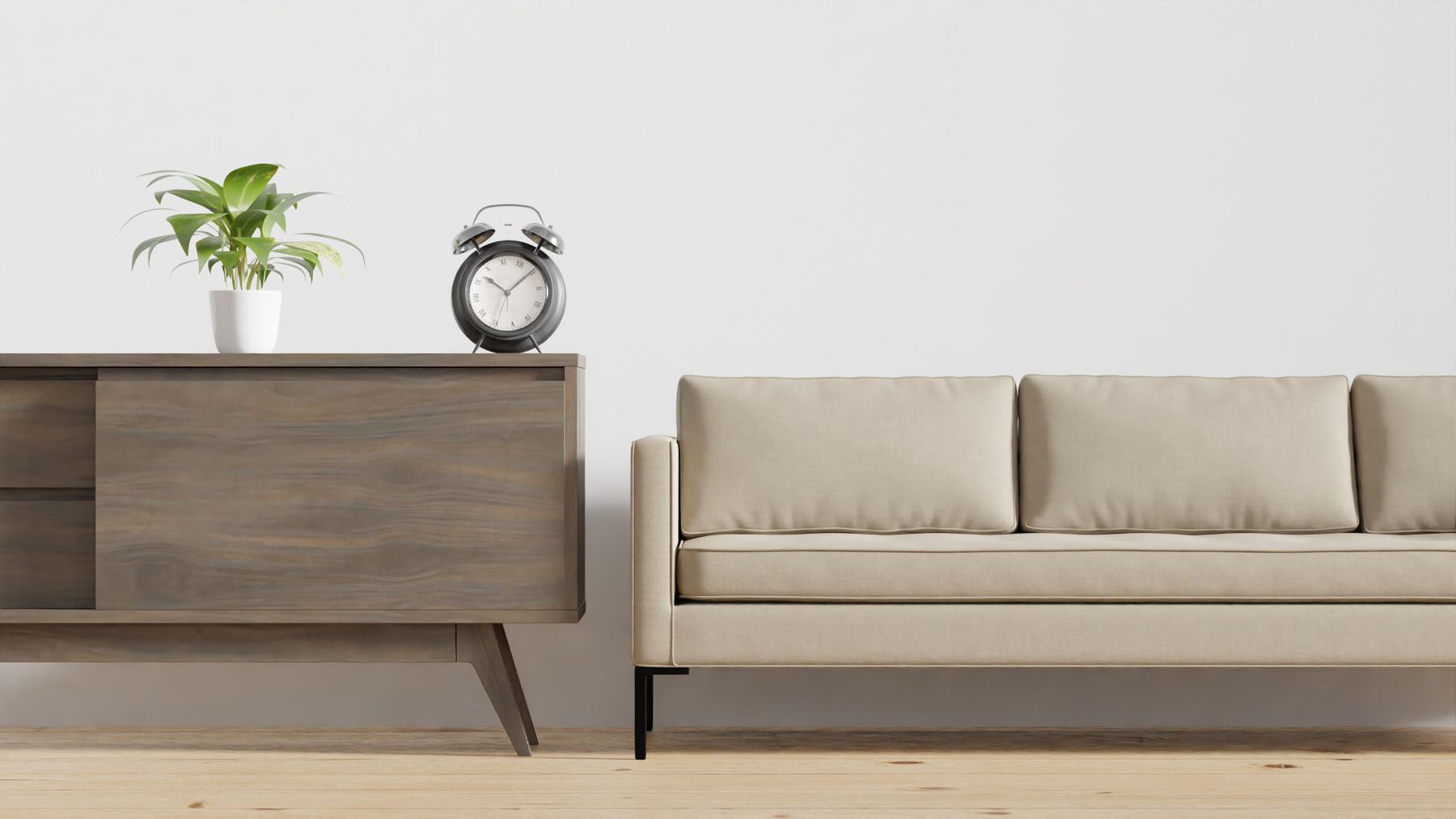 Minimal living room with a sofa and wooden cabinet, used in an interior studio website concept